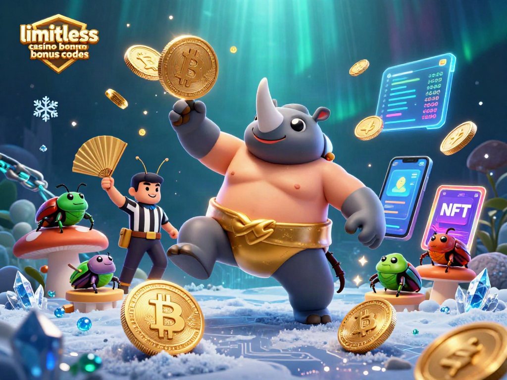 Limitless casino bonus codes illustrated as a cartoon scene with a rhinoceros beetle champion amid crypto coins and dynamic elements.
