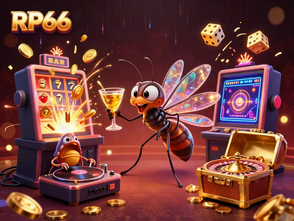 RP66 casino mascot and trilobite DJ celebrate with golden cocktail and roulette wheel amidst jackpot explosion.