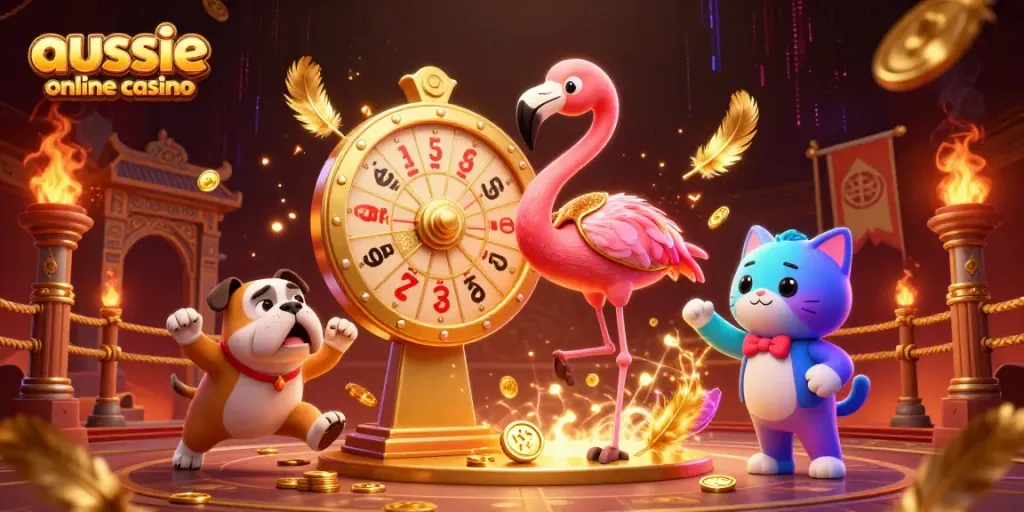 Experience the excitement of aussie online casino with a vibrant 3D scene of game show host and contestants.