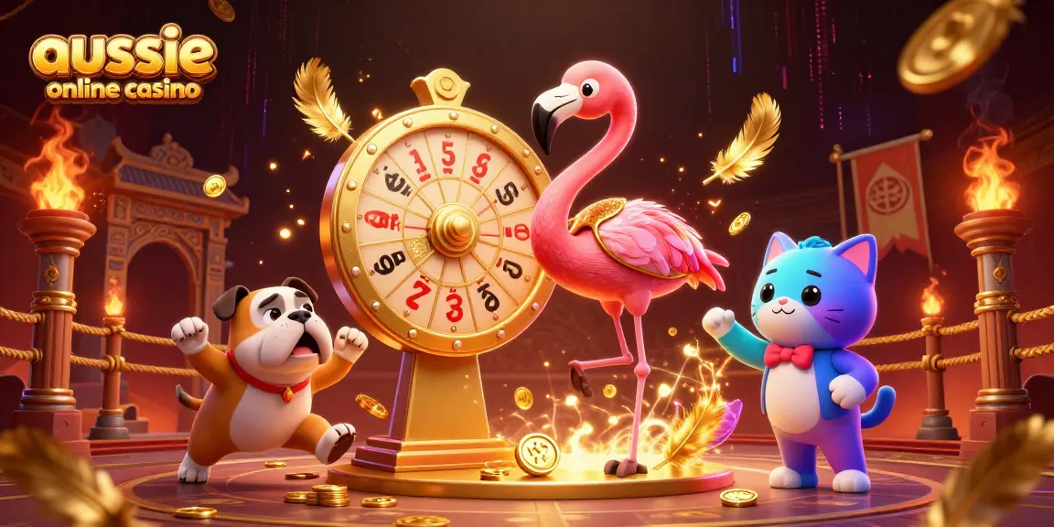 Experience the excitement of aussie online casino with a vibrant 3D scene of game show host and contestants.