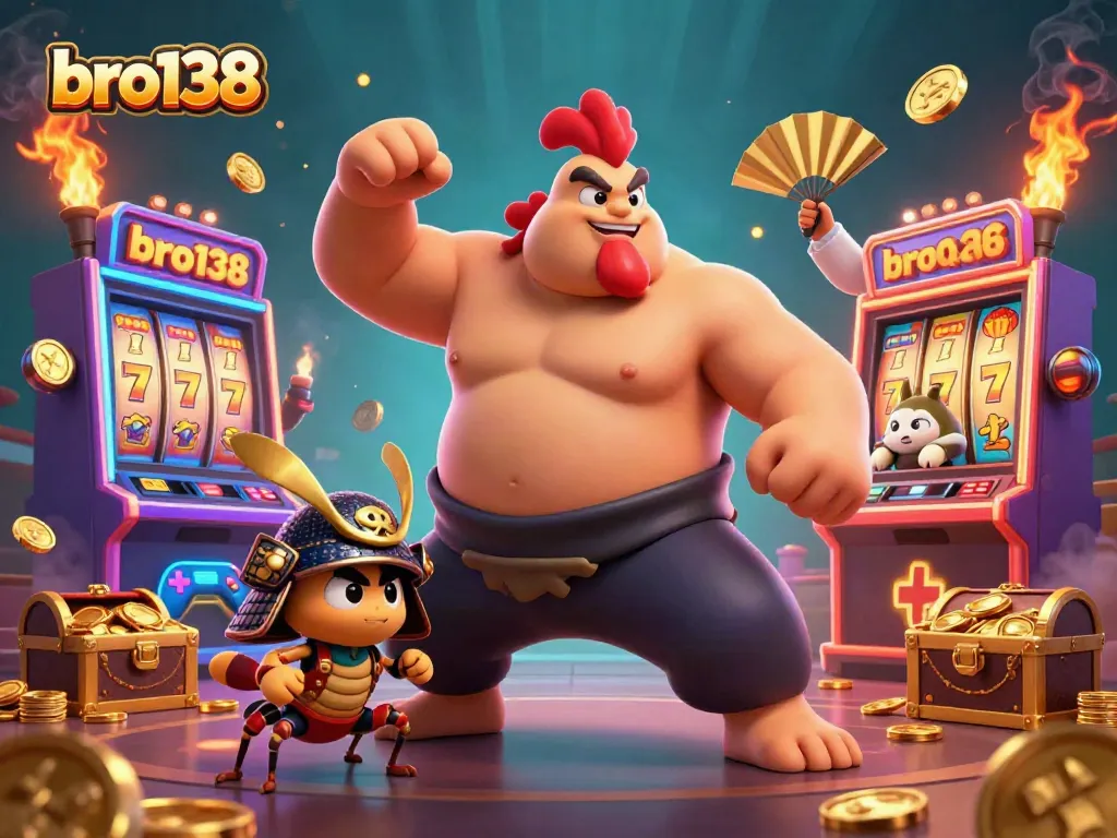 Win big with bro138's colorful slot machine adventure featuring dynamic characters and engaging casino elements.