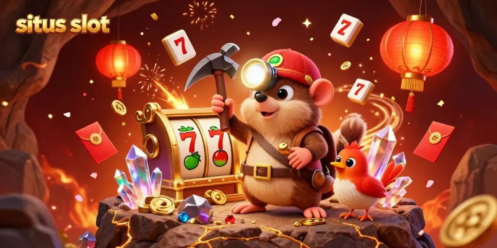 Experience situs slot excitement with a treasure hunter mole and slot reels in a gem-filled cave, complete with vibrant casino elements.