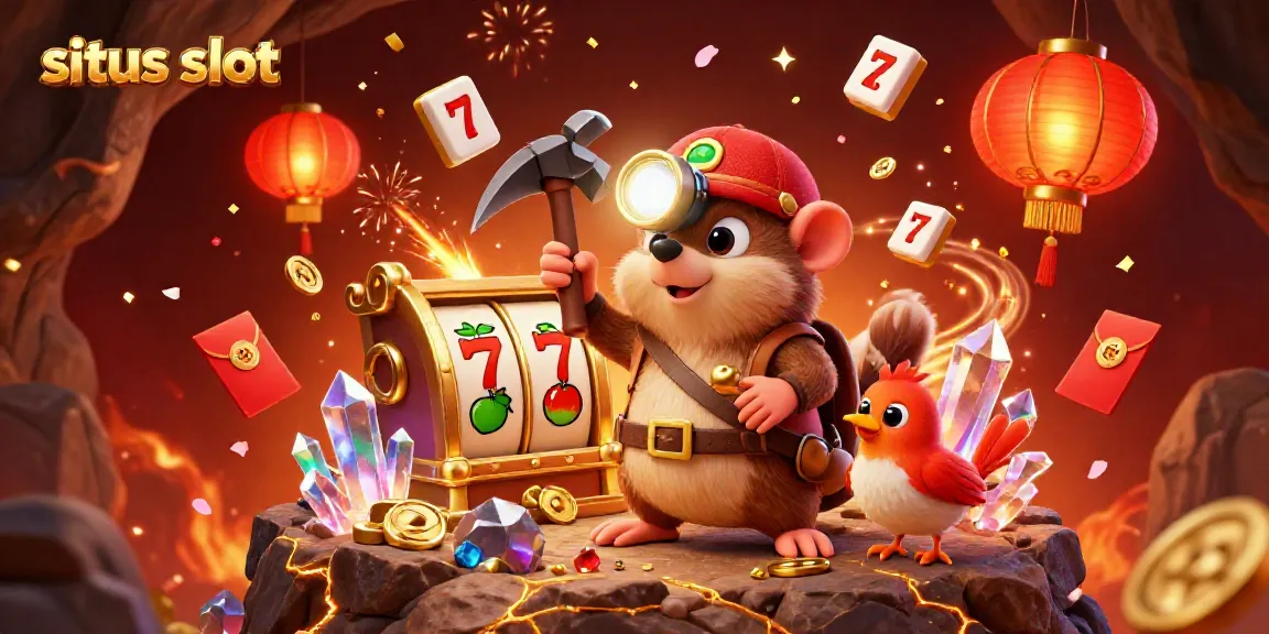 Experience situs slot excitement with a treasure hunter mole and slot reels in a gem-filled cave, complete with vibrant casino elements.