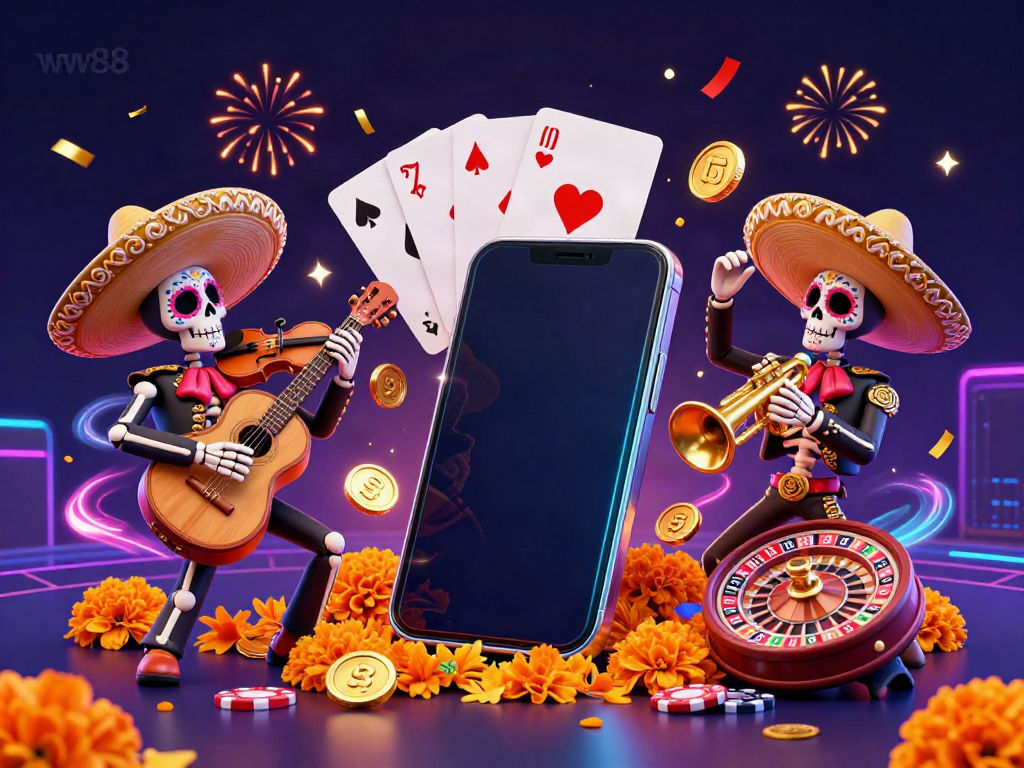 Experience the vibrant casino scene with ww88's colorful skeleton mariachi band celebrating amidst spinning slot games and festive confetti.