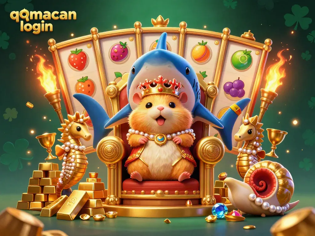 Engage with the qqmacan login adventure featuring a golden hamster king amid a treasure-filled casino scene.