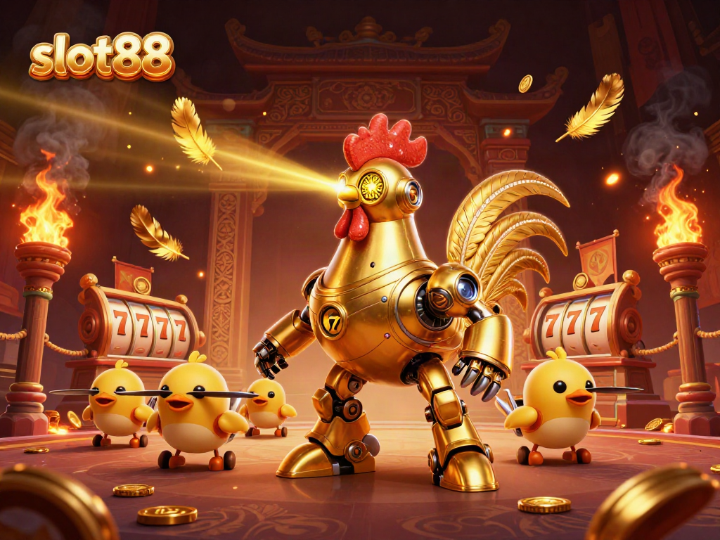 Engage with slot88's thrilling adventures featuring a golden rooster robot amidst dazzling casino elements.