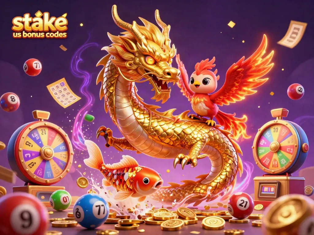 Play with stake us bonus codes in a vibrant 3D scene featuring a golden dragon, phoenix, and koi fish.