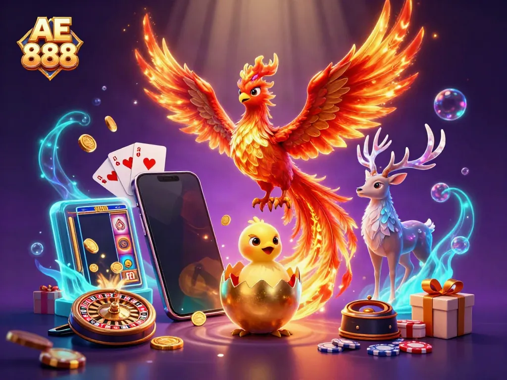 Experience the excitement of AE 888 with stunning phoenix and casino games in a vibrant digital art scene.