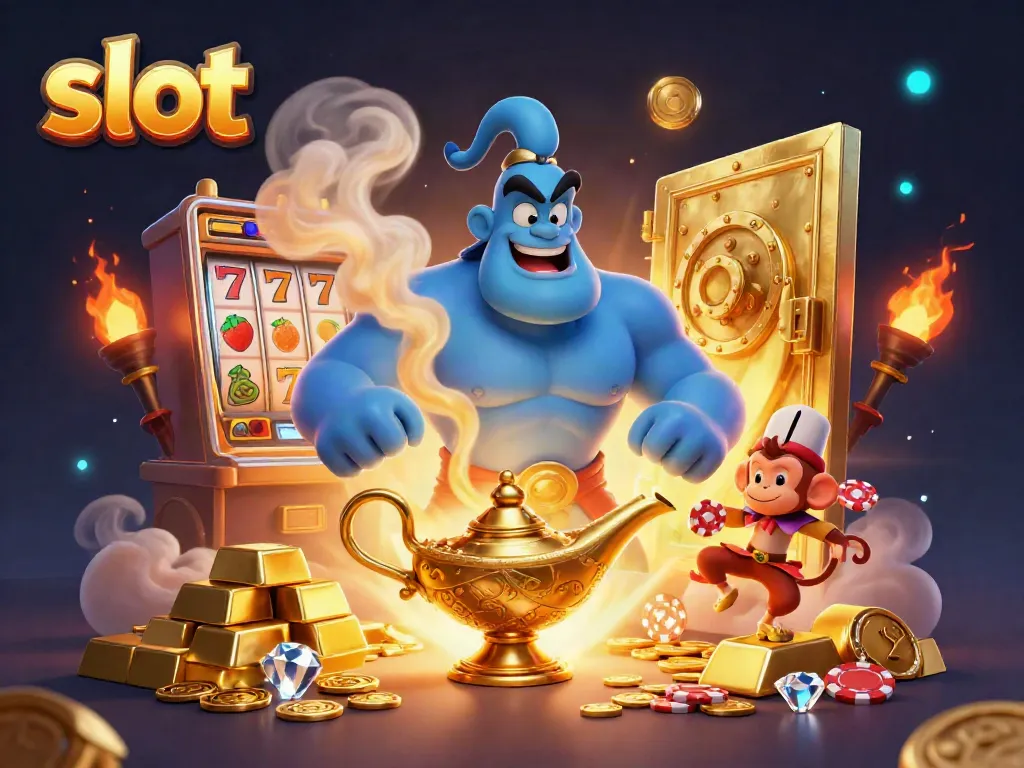 Engaging scene showcasing slot machines, a blue genie, and treasures, highlighting casino excitement.