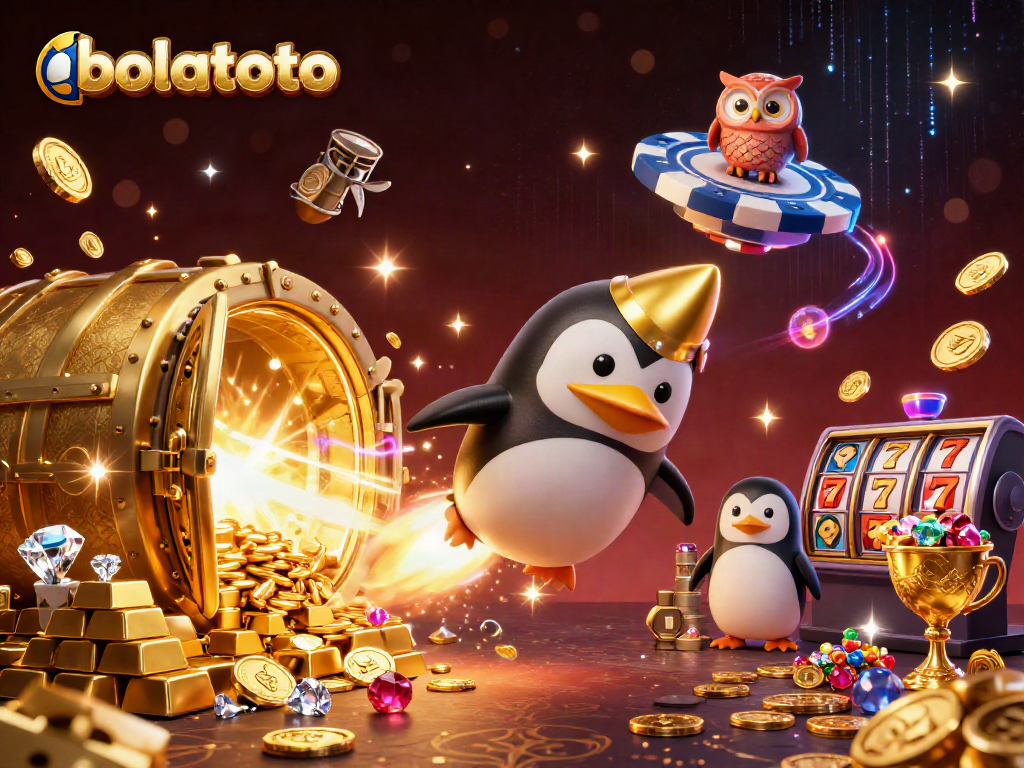 Engage with bolatoto's thrilling casino adventure featuring a golden penguin and slot reels.