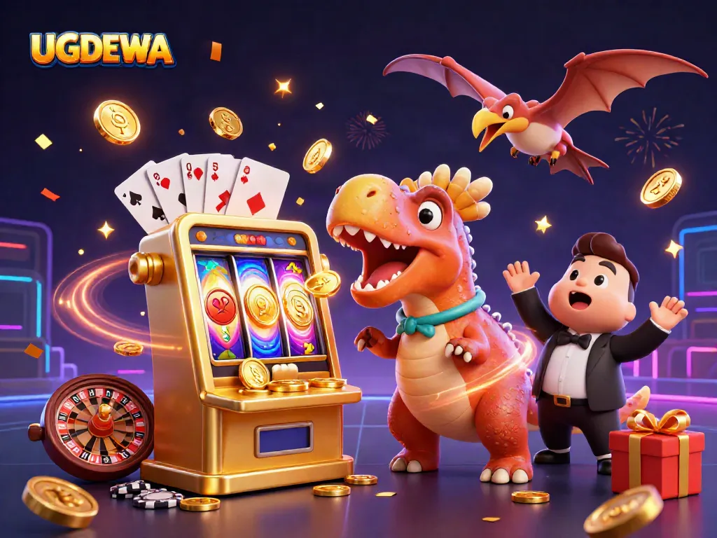 Engage with UGDEWA in this vibrant 3D casino scene featuring thrilling winning moments and dynamic characters.
