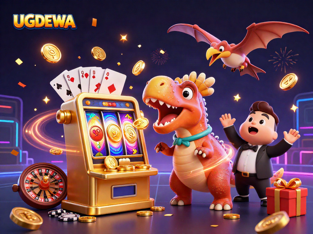 Engage with UGDEWA in this vibrant 3D casino scene featuring thrilling winning moments and dynamic characters.