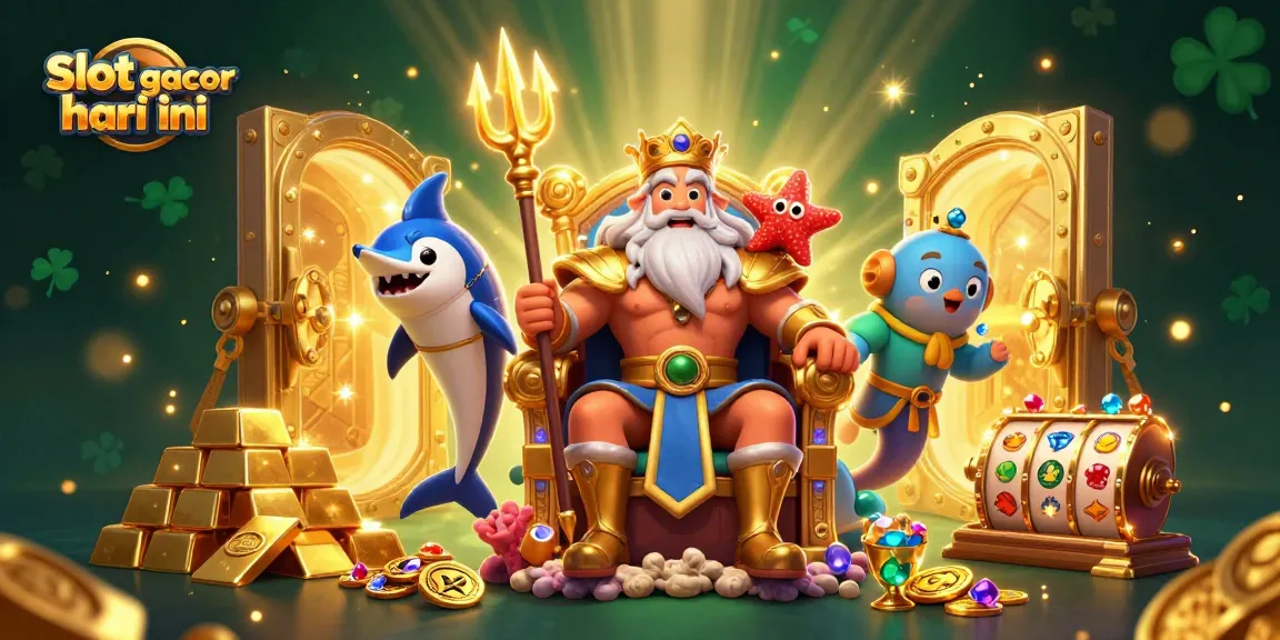 Engage with slot gacor hari ini through a vibrant 3D casino illustration showcasing Neptune and treasure elements.
