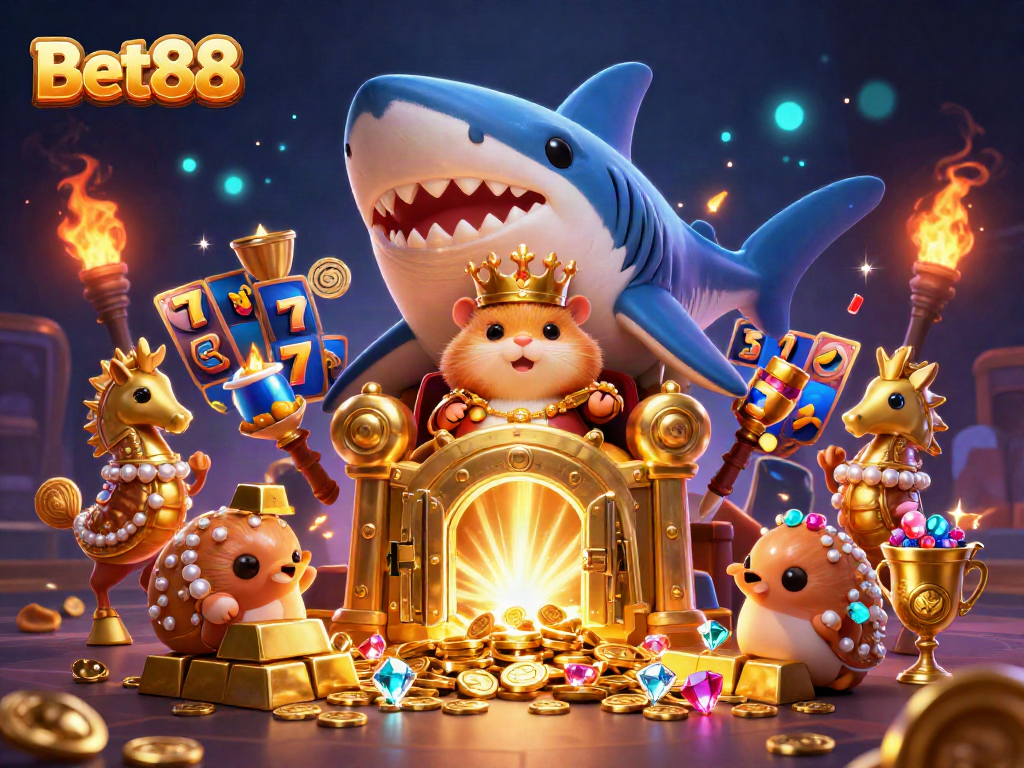 Engage with Bet88's thrilling casino adventure featuring a golden hamster king and intense slot action.