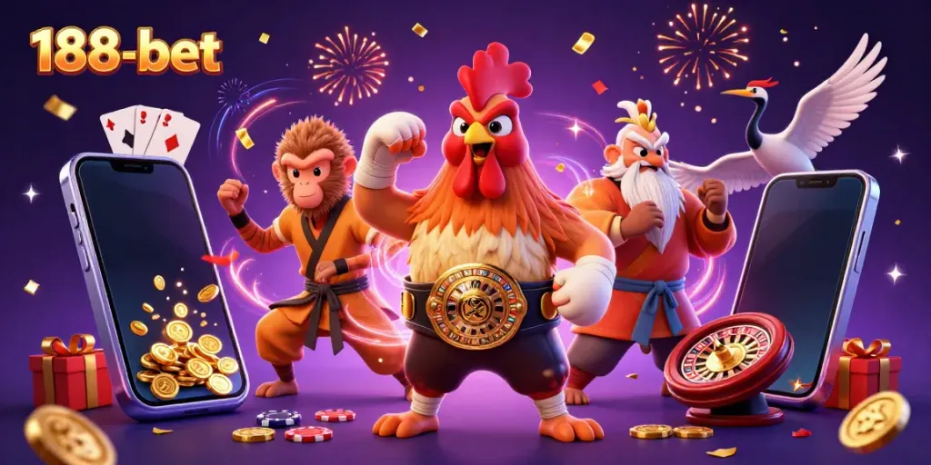 Experience thrilling slots and sports with 188-bet in a vibrant casino-themed scene.