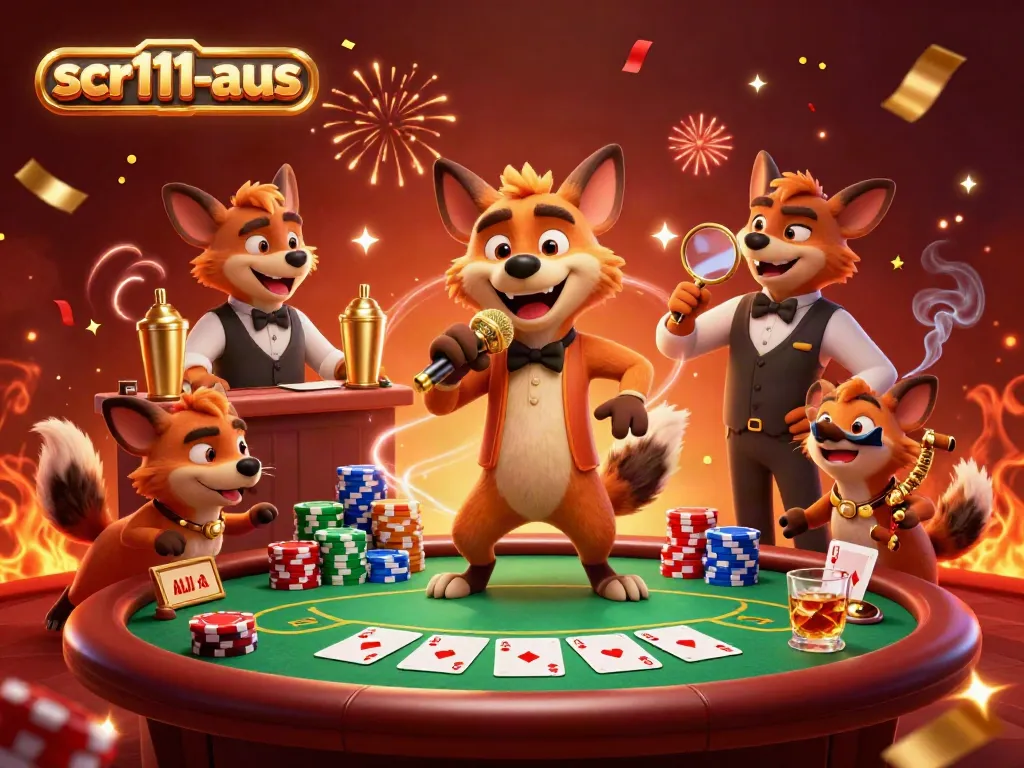 Watch the scr111-aus hyena comedians entertain while mixing drinks and checking IDs at a lively casino.