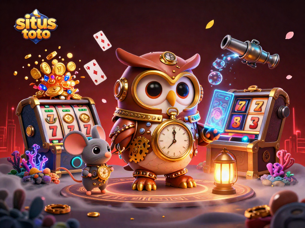 Engage in situs toto with a vibrant 3D cartoon illustration showcasing a time-traveler owl amidst exciting casino elements.