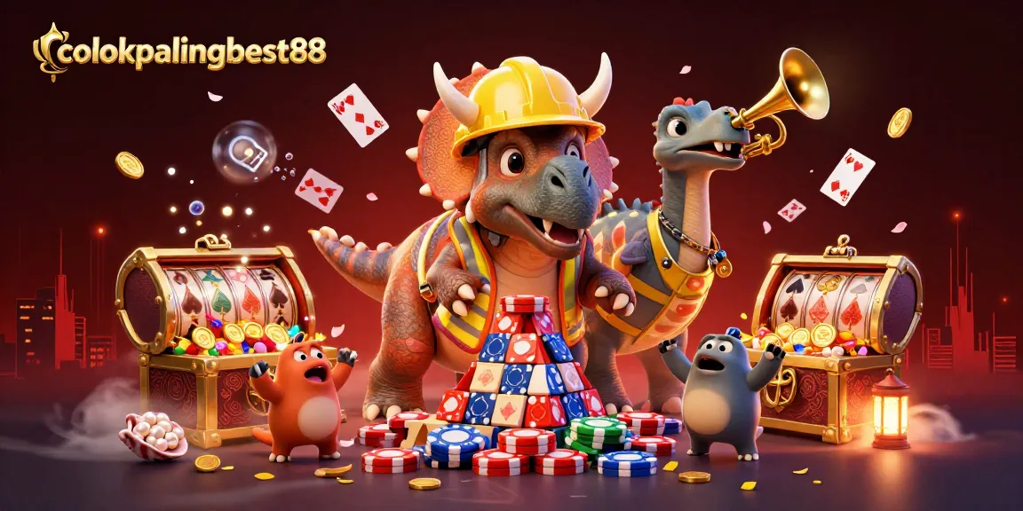 Cheerful scene with colokpalingbest88 characters celebrating jackpot wins amidst vibrant casino elements.