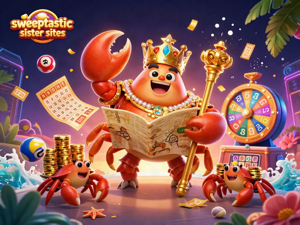 Sweeptastic sister sites featuring a golden crab emperor with a treasure map amidst vibrant gambling elements
