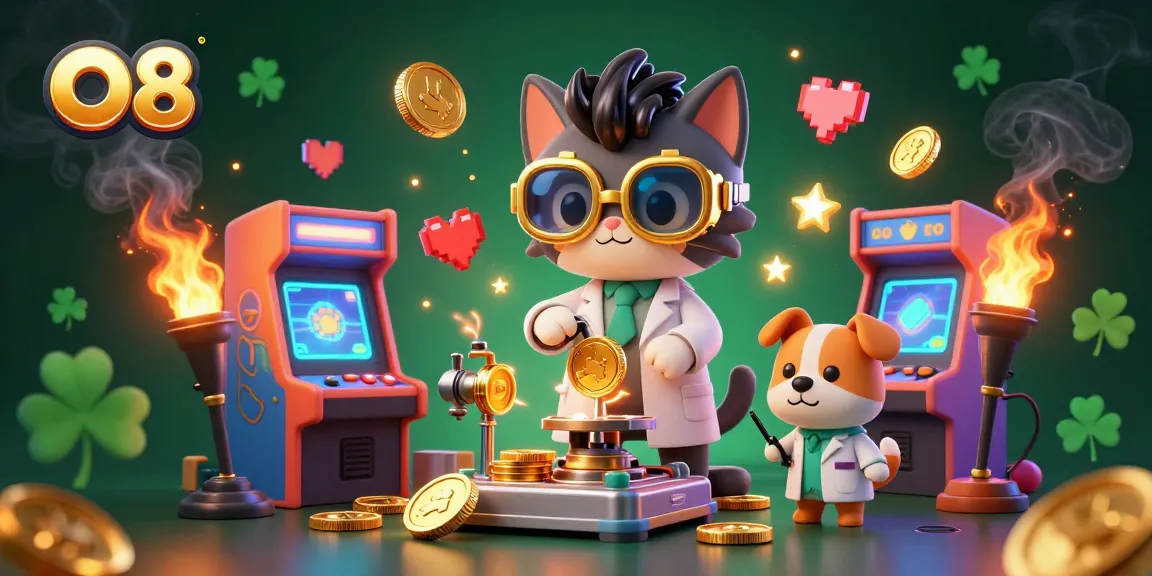 Experience thrilling gameplay with O8's vibrant casino scene featuring engaging characters and colorful arcade elements.