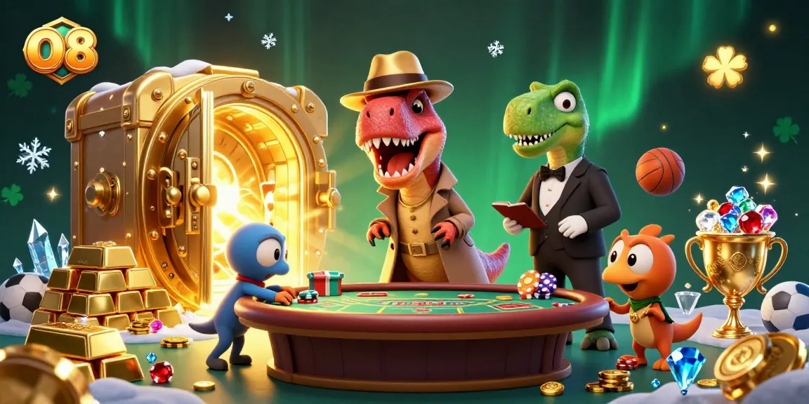 O8 offers exciting betting action with a velociraptor card counter at a blackjack table, showcasing a glamorous casino scene.