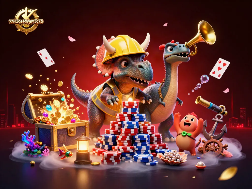 Engage with xn--l3ca4bybyc5c7b in a vibrant casino scene with triceratops building poker chip stacks.