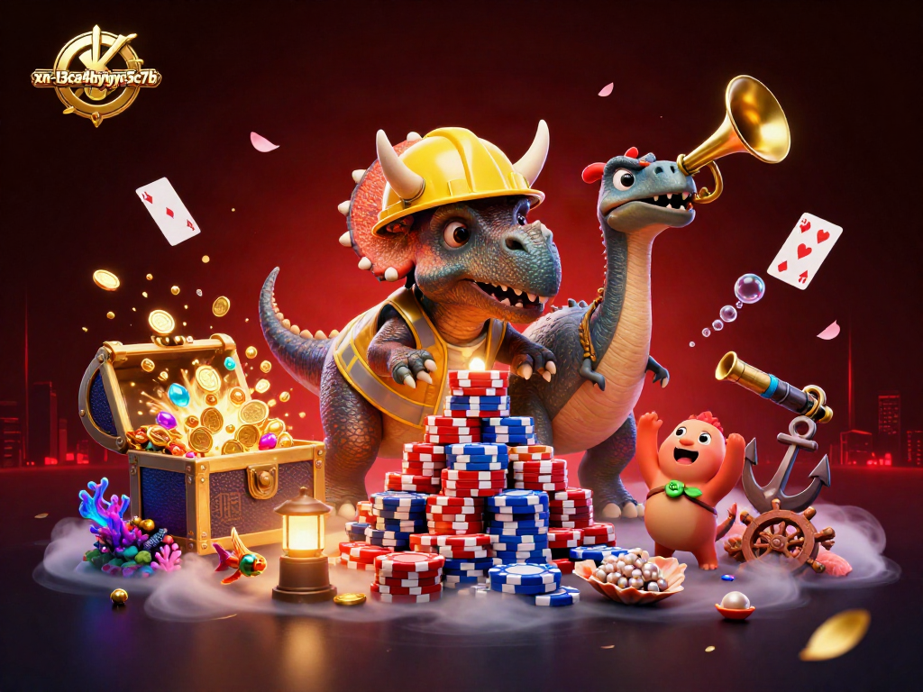Engage with xn--l3ca4bybyc5c7b in a vibrant casino scene with triceratops building poker chip stacks.