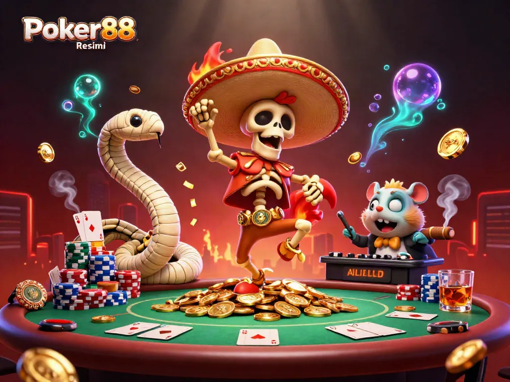 Experience the thrill of Poker88 Resmi with a vibrant, animated casino scene featuring dynamic characters and game elements.