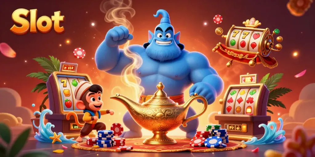 Spin the vibrant Slot machines as the magical Genie bursts from its lamp, illuminating the casino!