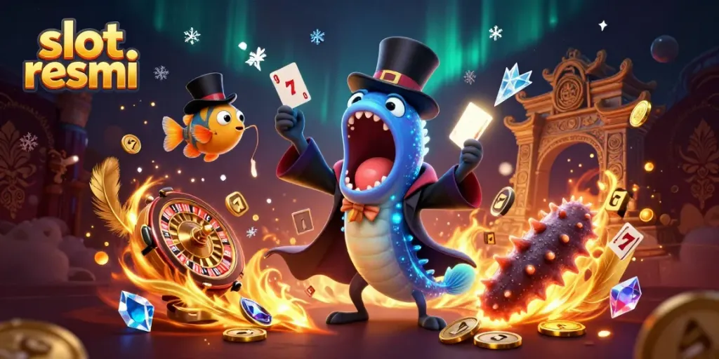 Engaging scene showcasing slot resmi elements with vibrant characters performing magic tricks amidst dynamic casino features.