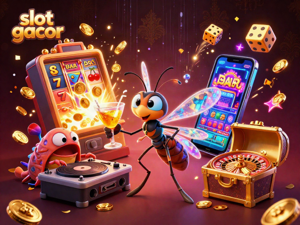 Engage with slot gacor through a vibrant 3D casino scene featuring animated characters and dynamic gaming elements.