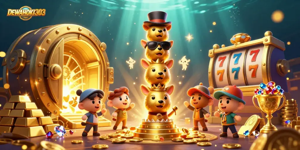 DEWAHOKI303 menghidupkan keseruan slot dengan gambar totem emas, kilauan permata, dan simbol keberuntungan.