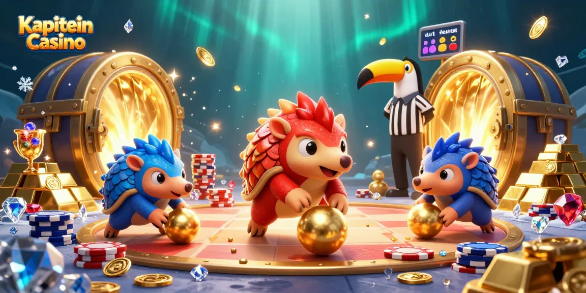 Kapitein Casino menampilkan dua pangolin bersaing menggelindingkan bola emas dan meja poker yang ceria.