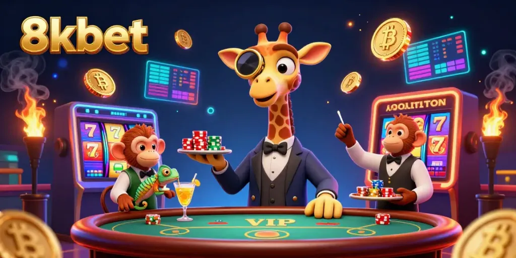 Experience 8xbet's thrilling high-stakes gaming with a giraffe at a poker table amidst vibrant casino elements.