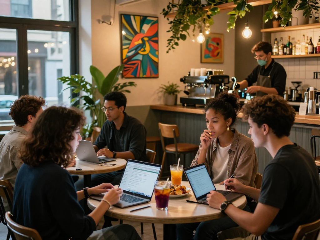 Engaging spicy chat moment among friends in a cozy urban café.
