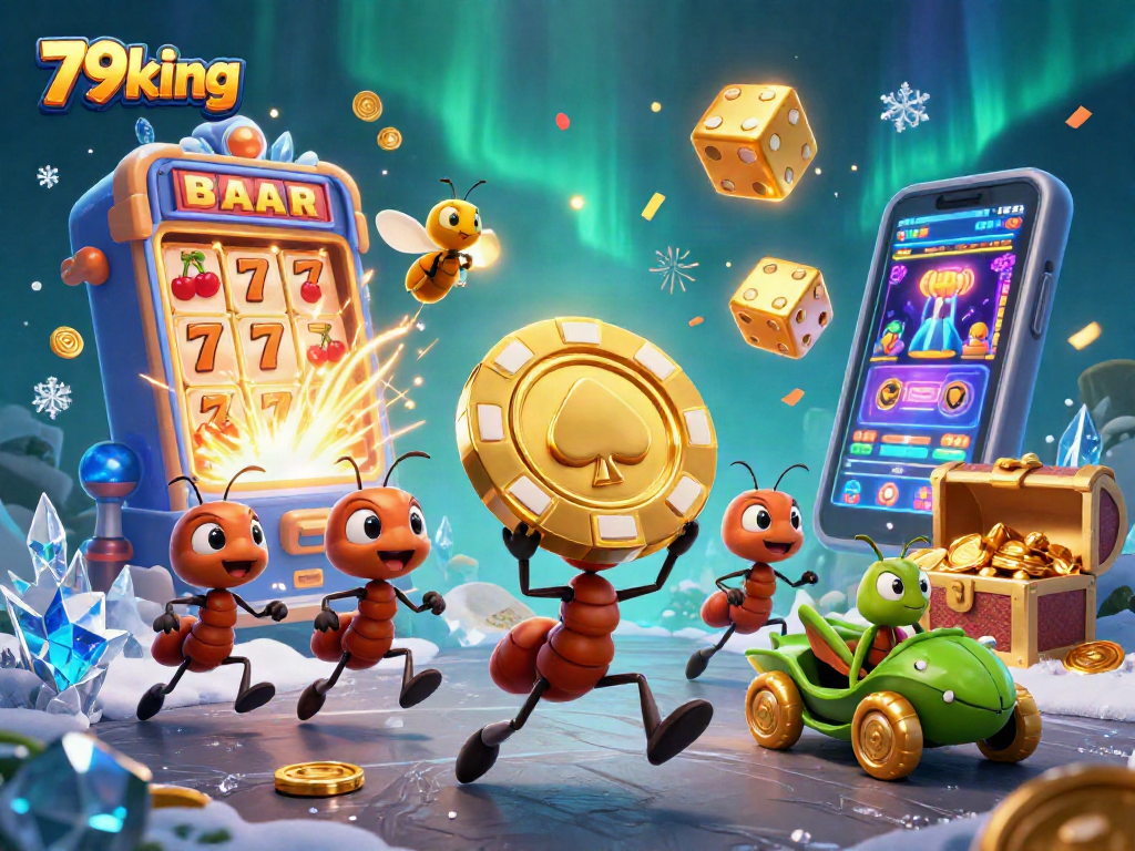 Ants carry a giant poker chip in a vibrant 79king casino heist scene.