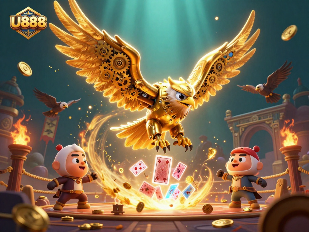 Experience the thrill of U888 with a 3D-rendered golden eagle soaring through dynamic casino elements.