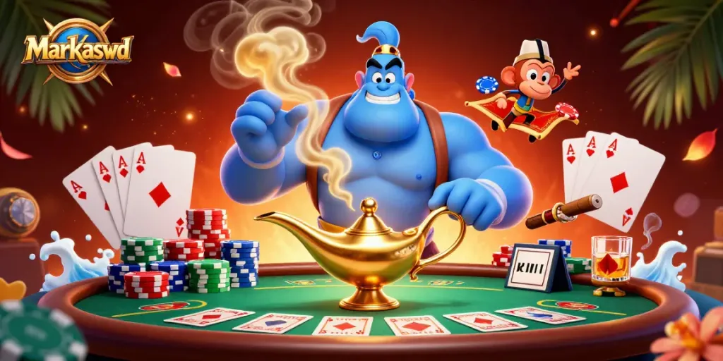 Markaswd shines with a dynamic casino scene featuring a genie, poker chips, and a colorful atmosphere.