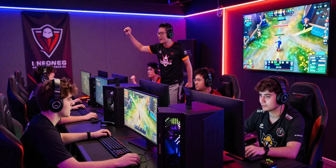 Suasana lounge esports dengan pemain bos88 berkompetisi dalam turnamen.