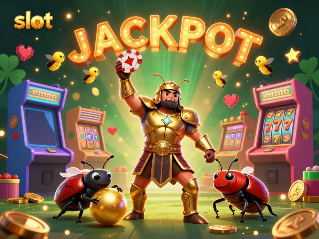 Experience the thrill of slot machines with a vibrant 3D scene featuring a victorious beetle and glowing game elements.