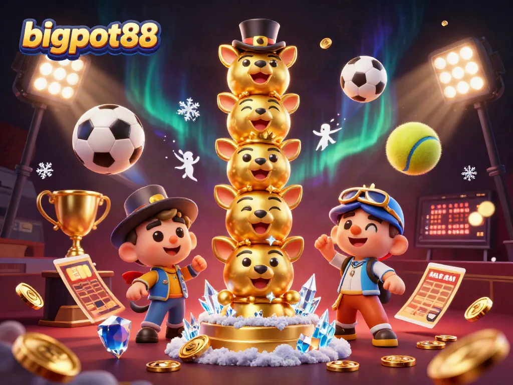 Permainan slot bigi88 dengan simbol keberuntungan dan totem 3D yang menarik.