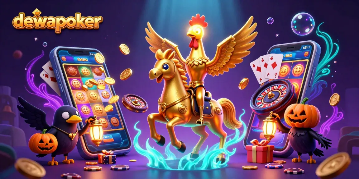 Dewapoker in a captivating casino scene with a golden rooster and spectral horse enhancing the gaming experience.