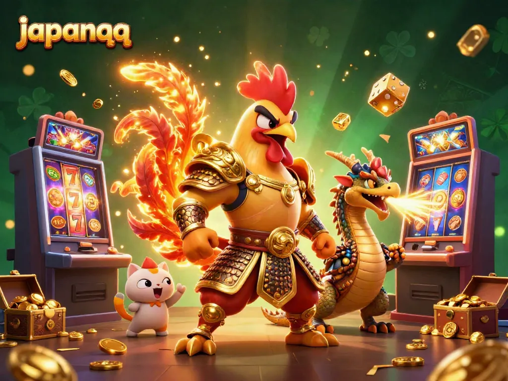 Menghadirkan aksi menegangkan dengan japanqq, petarungan ayam kartun dalam armor samurai emas di arena perjudian yang ramai.