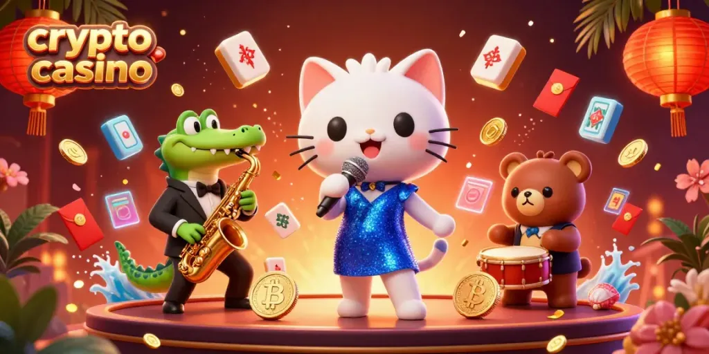 Experience the excitement of a crypto casino with vibrant characters and sparkling gaming elements.