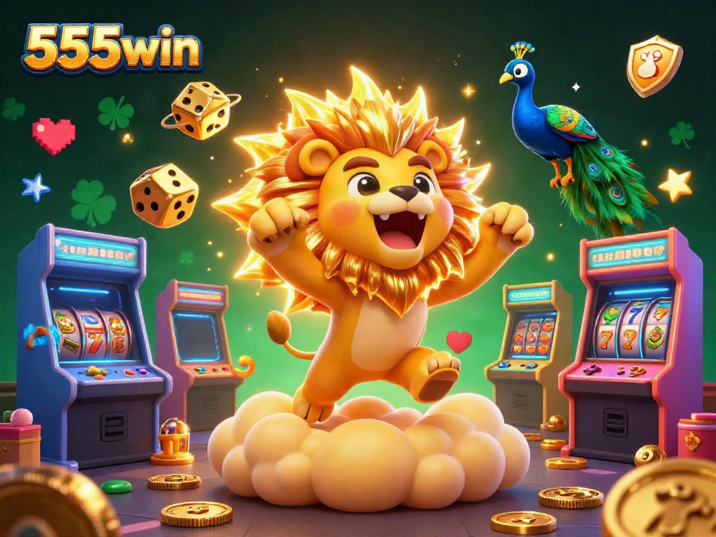 Experience the excitement of 555win in this vibrant casino-themed 3D illustration featuring dynamic characters and game elements.