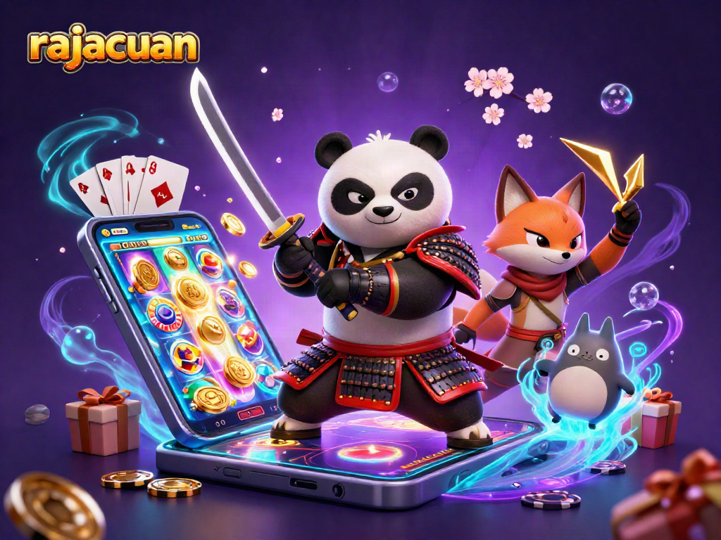 Engage with casino thrills featuring rajacuan in a vibrant 3D illustration of samurai panda and friends.