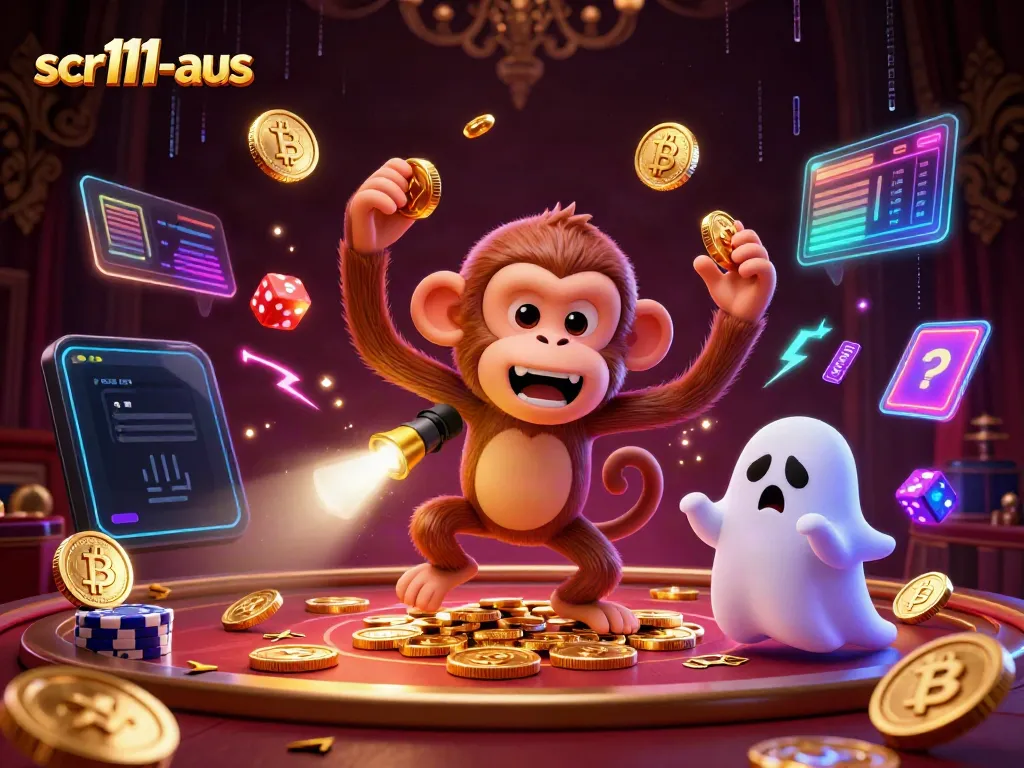Witness scr111-aus in a vibrant haunted casino scene with a playful ghost and cryptocurrency elements.