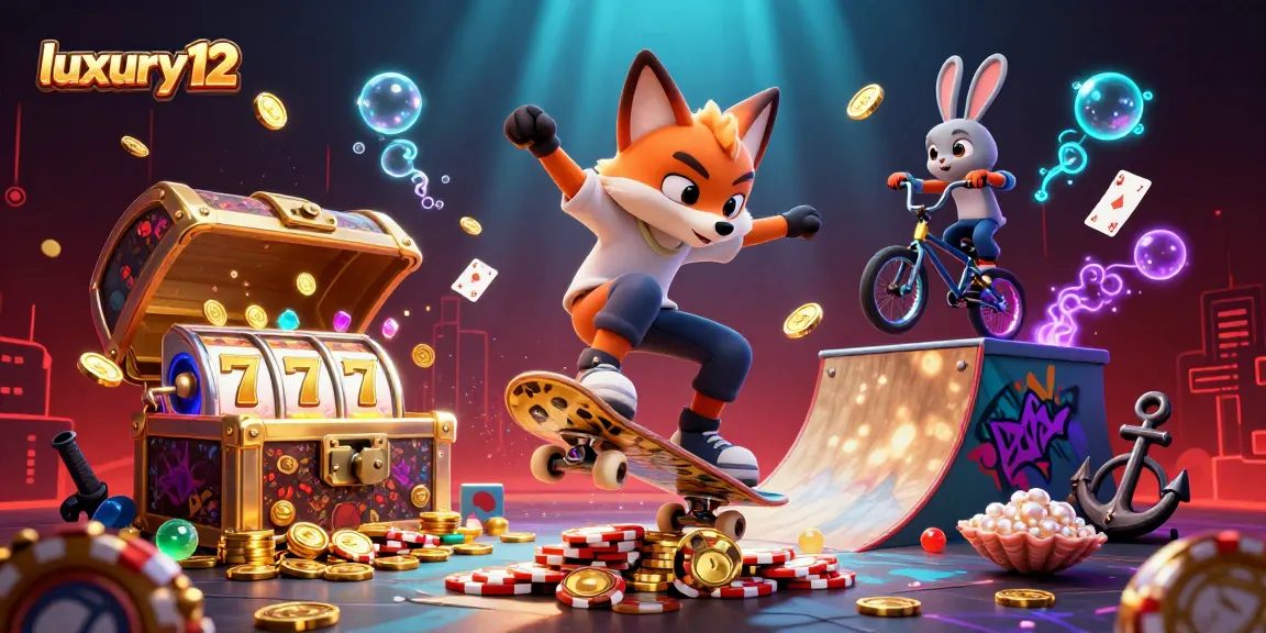 Catch the excitement of luxury12 with a vibrant 3D casino scene showcasing playful characters and gaming elements.