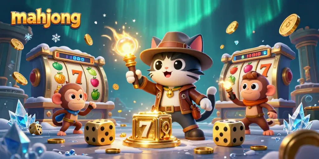 Menangkan permainan mahjong dengan alat slot berkilau dan simbol beruntung di latar belakang.