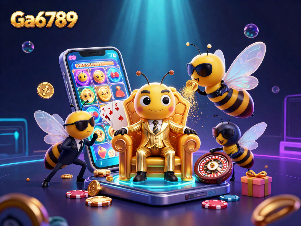 Spin colorful slots with Ga6789's dazzling 3D casino scene featuring a mob boss and game elements.